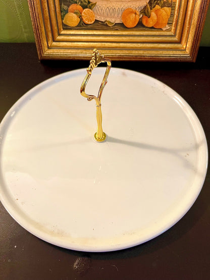 Vintage White Round Serving Platter with Gold Handle – 10 Inch
