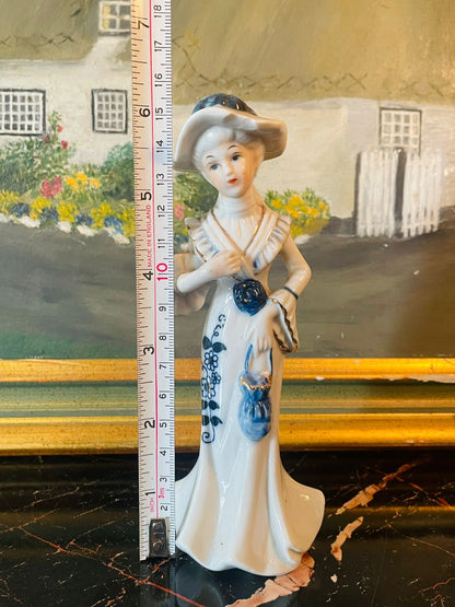 Vintage Porcelain Lady Figurine – Blue & White Regency Style – 6 in