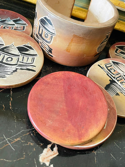 Handcrafted African Ceramic Coaster Set with Holder – Tribal Village Design (Set of 6)