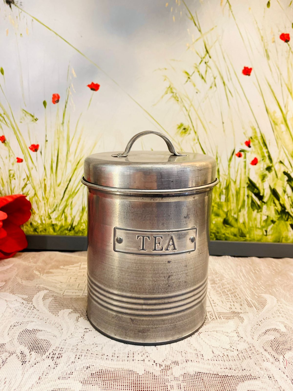 Vintage Metal Tea Canister with Lid Kitchen Storage Tin