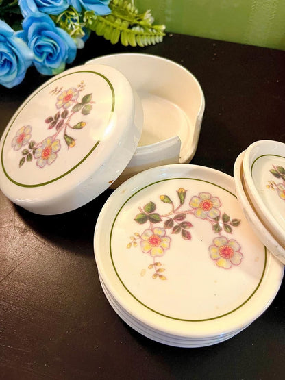 Vintage Floral Coaster Set with Holder 5 Inch