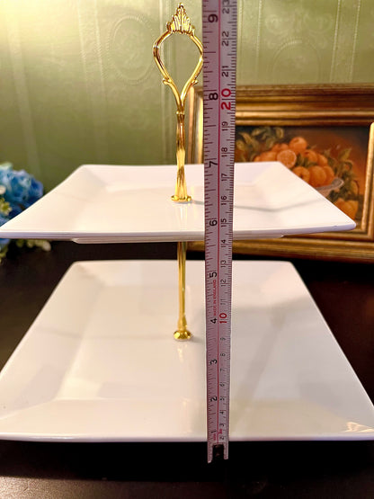 Two-Tier White Square Serving Stand with Gold Handle – Dessert Display Tray