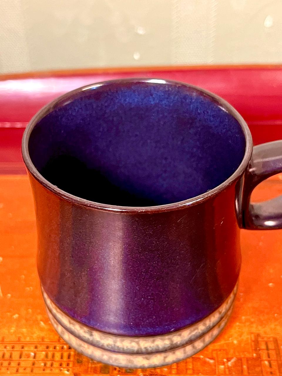 Vintage Deep Blue Ceramic Mug with Textured Bands – 3.5"