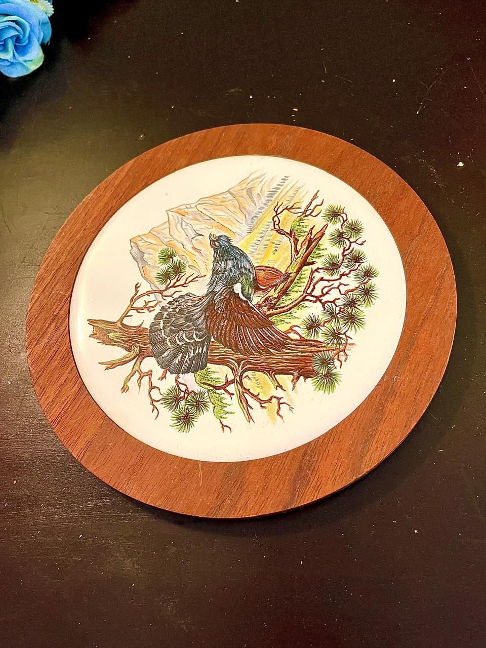 Vintage Eagle Ceramic Trivet with Wooden Frame 8 Inch