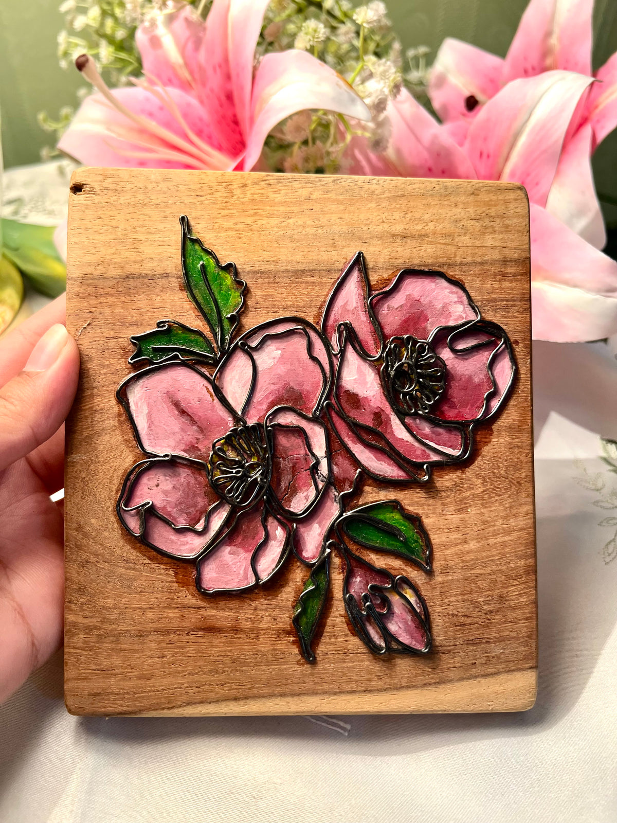 Wooden Floral Wall Plaque Pink Flower Art 15cm