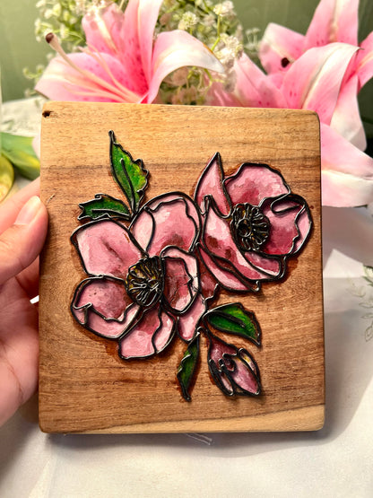 Wooden Floral Wall Plaque Pink Flower Art 15cm