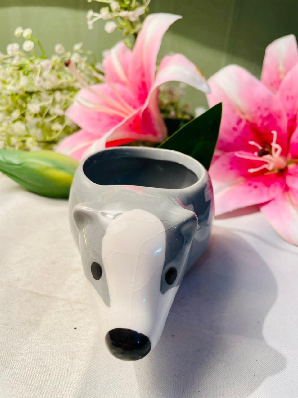 Grey Hedgehog Ceramic Mini Planter 5 in
