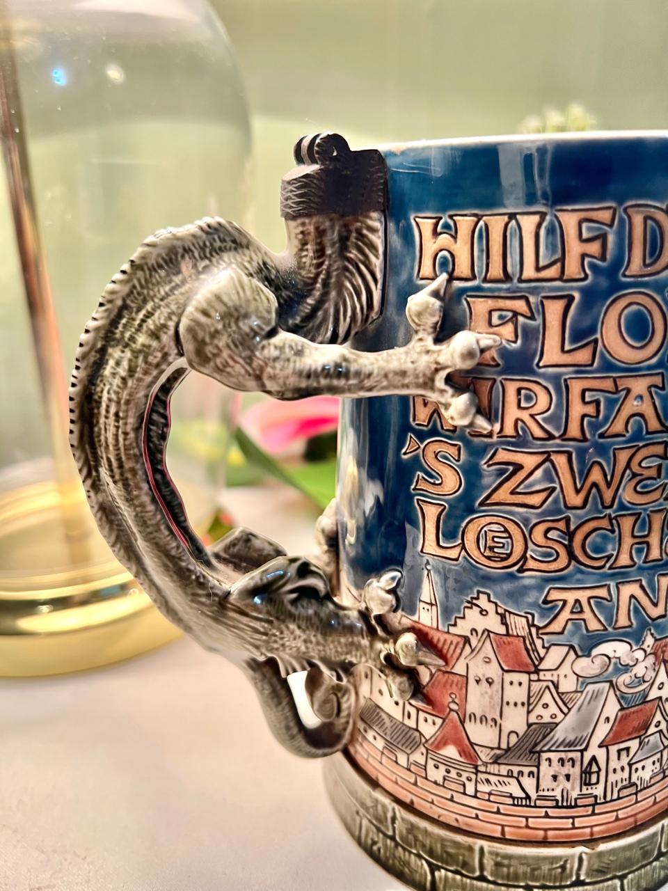 Vintage Blue Ceramic Dragon Handle Mug 16 cm