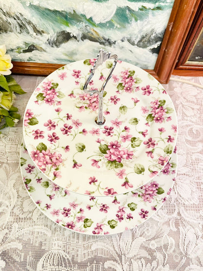 Vintage Pink Floral Two Tier Porcelain Cake Stand