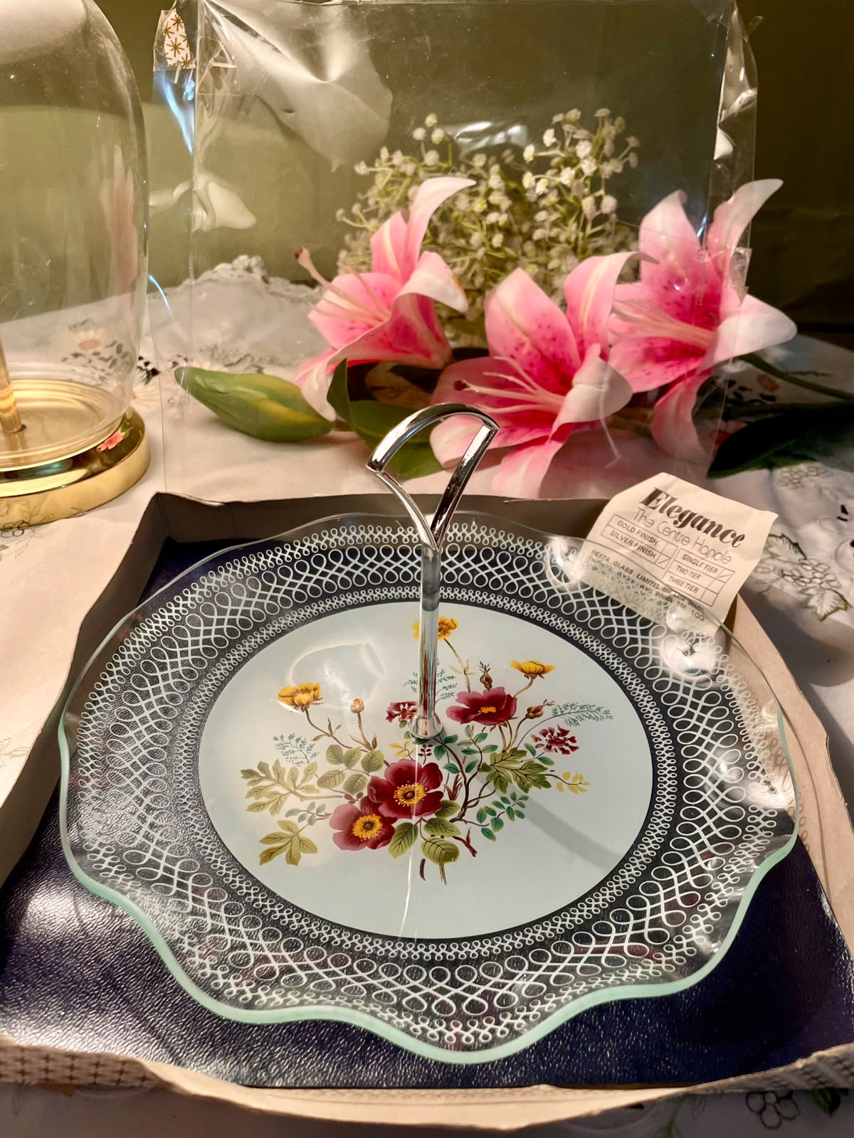 Vintage Floral Crystal Serving Tier Plater Silver-Tone Handle 24 cm