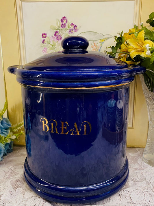 Vintage Blue Ceramic Bread Jar with Lid – English Stoneware