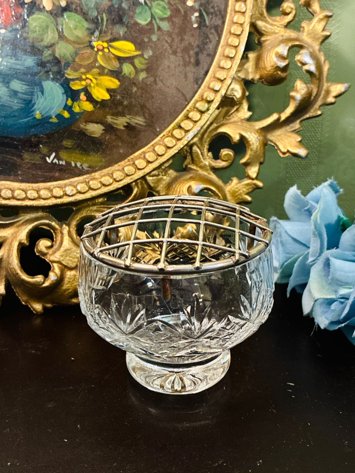 Vintage Cut Crystal Rose Bowl with Metal Flower Frog
