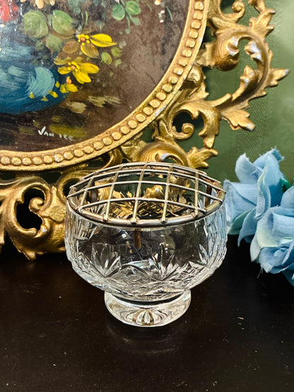 Vintage Cut Crystal Rose Bowl with Metal Flower Frog