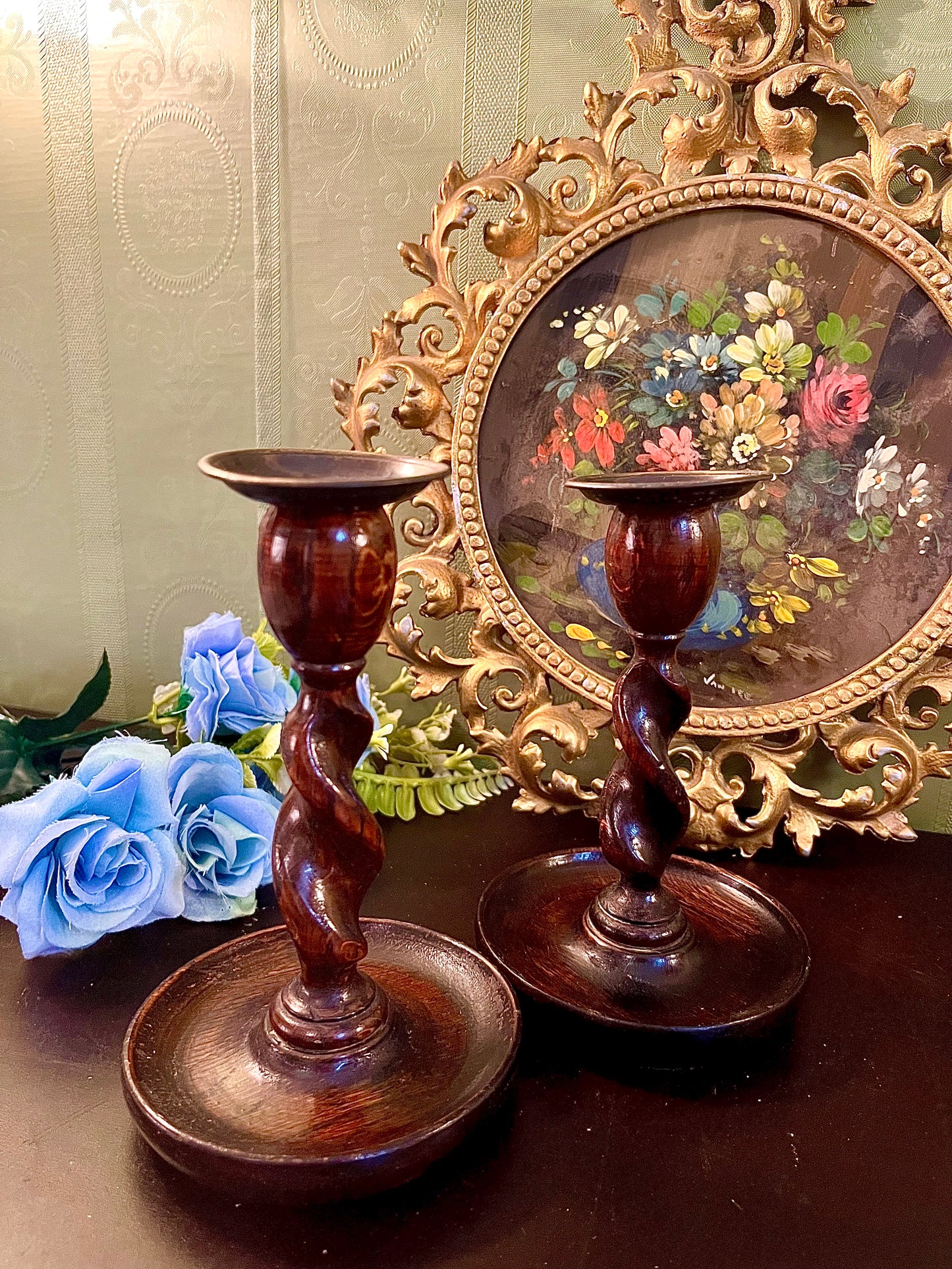 Pair of Dark Wood Spiral Pillar Candle Holders