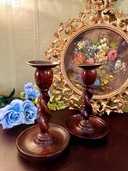 Pair of Dark Wood Spiral Pillar Candle Holders