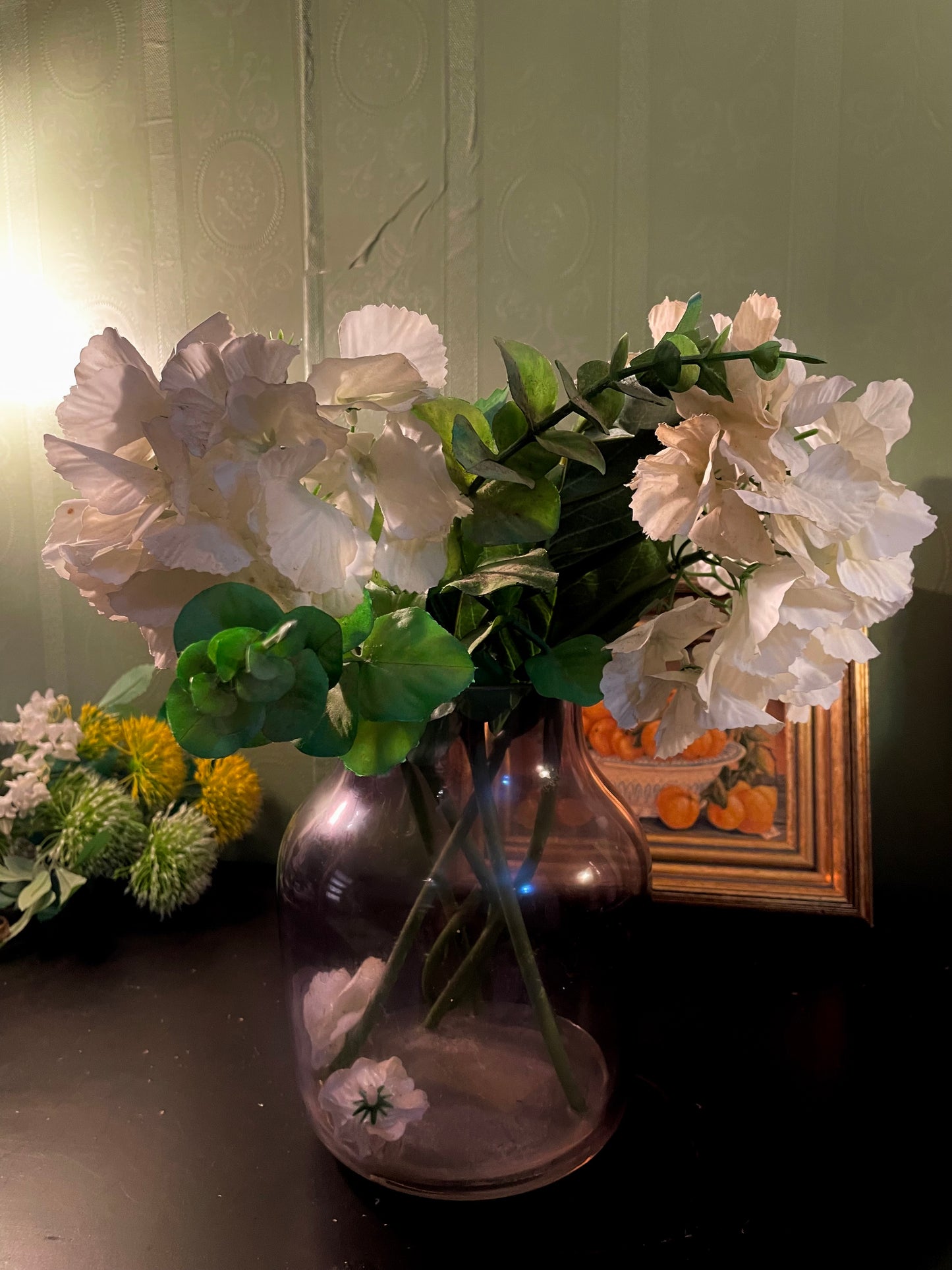 Large Artificial White Floral Arrangement in Glass Vase 12 Inch