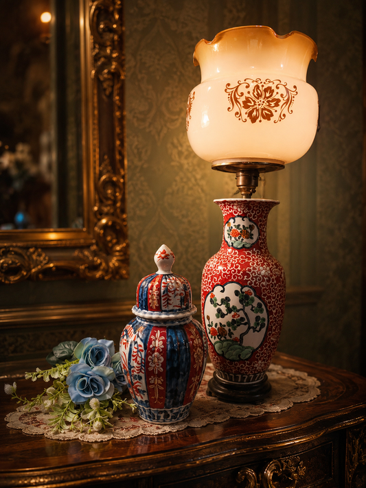 RARE FIND Vintage Imari Style Ginger Jar & Porcelain Lamp Set