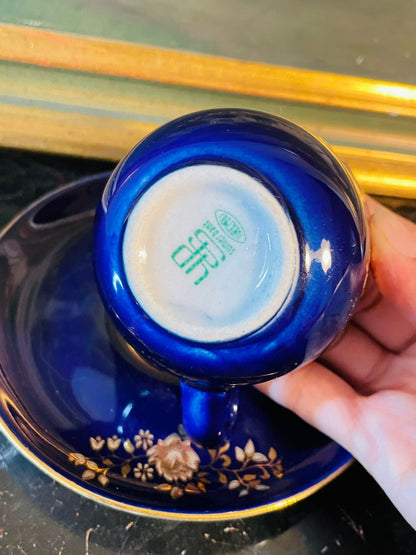 Vintage Sunlit Park Japan Cobalt Blue Mini Cup & Saucer – Hand-Painted Gold Floral Design – 2.5 Inches