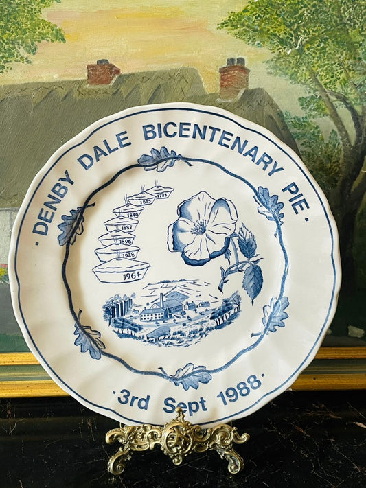 denby dale pie plate, british commemorative plate, 1988 bicentenary, blue and white ceramics, yorkshire pottery, vintage souvenir plate, england village collectable, denby dale history, english kitchen decor, vintage british china