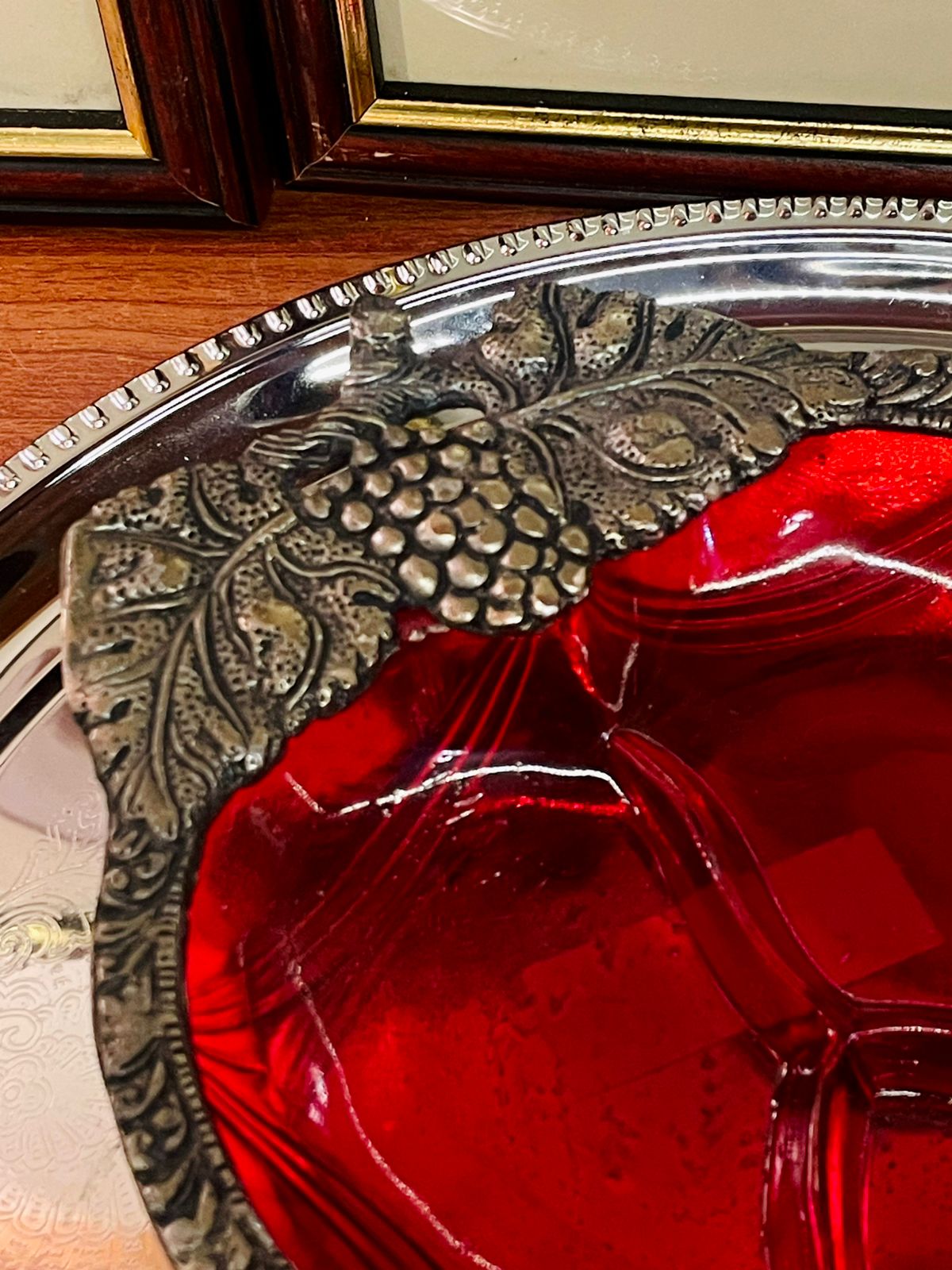Red Glass & Metal Leaf-Shape Divided Serving Dish , Silverware