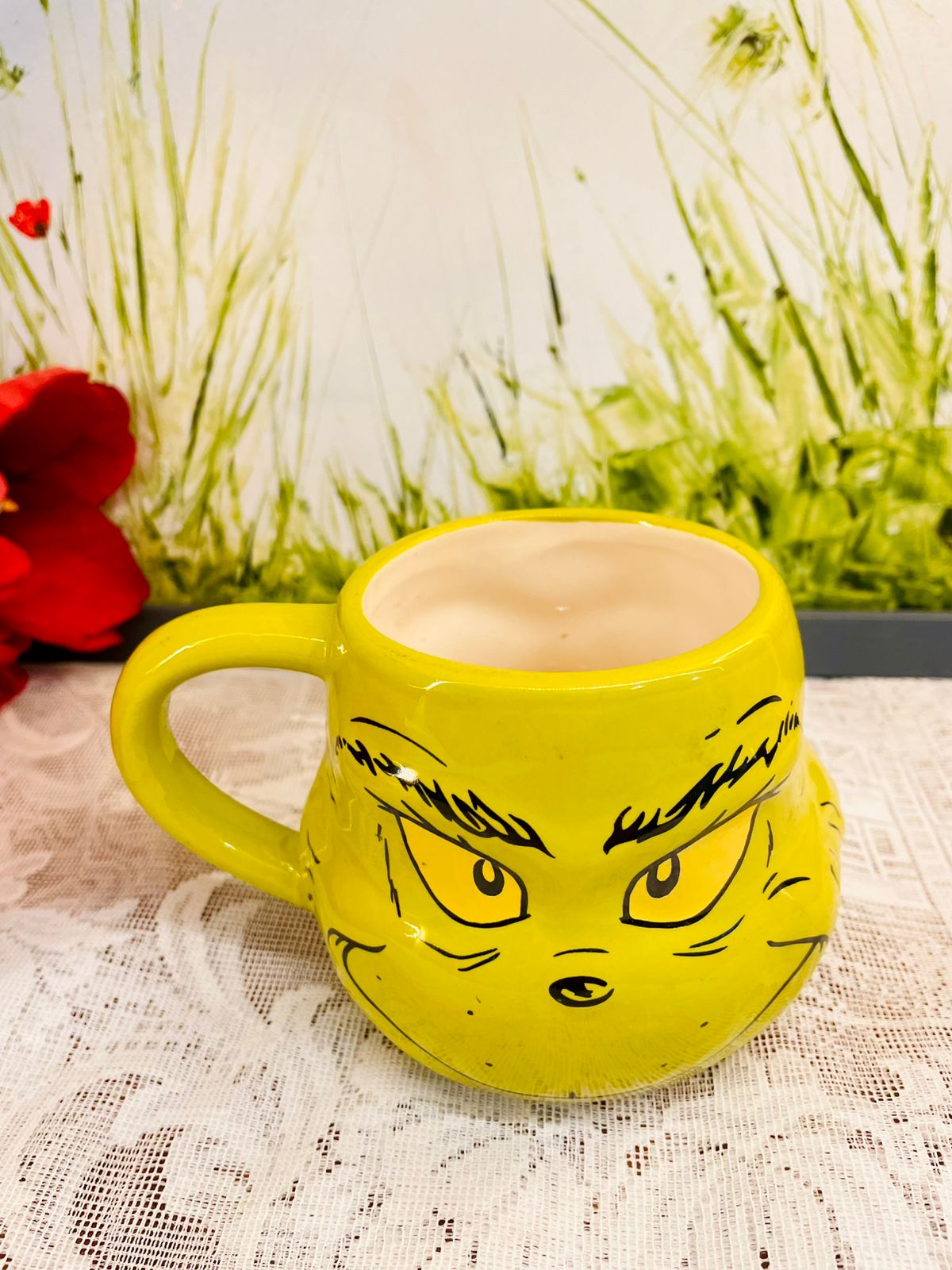 Green Grumpy Face Ceramic Mug