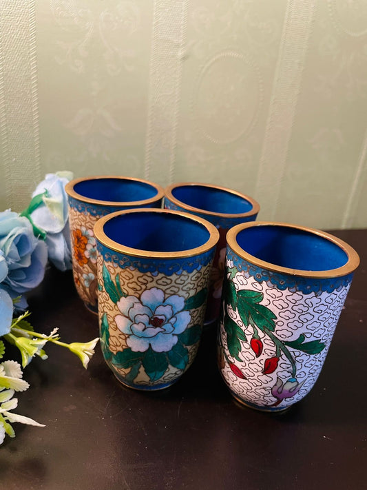 Vintage Cloisonné Floral Decorative Cups Set of 4