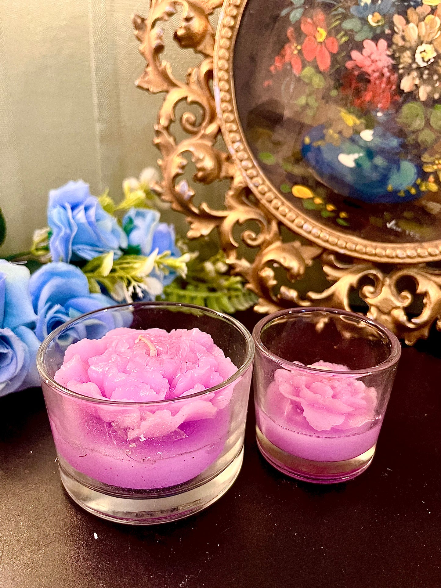 Set of 2 Pink Rose Glass Candle Holders with Floral Wax Candles
