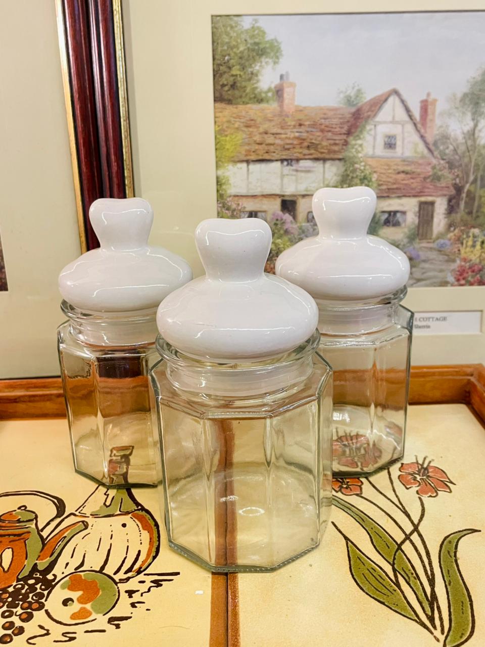 heart lid jars, ceramic lid jars, cottagecore kitchen, farmhouse storage, pantry jars, tea coffee sugar canisters, glass storage containers, countertop canisters, rustic home decor, airtight jars set