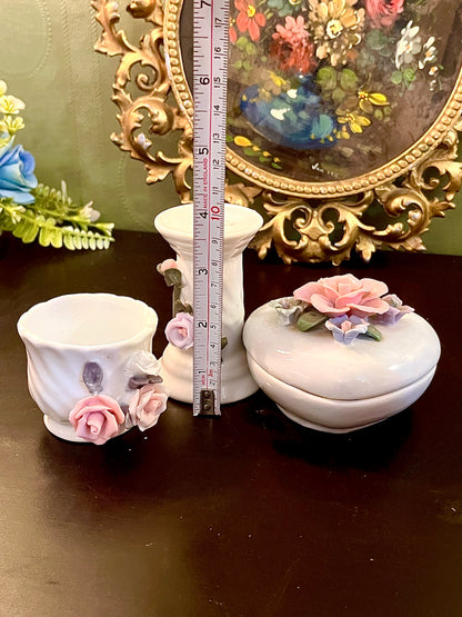 Vintage Porcelain Floral Vanity Set 3 Piece Trinket Box Candle Holder Bud Vase