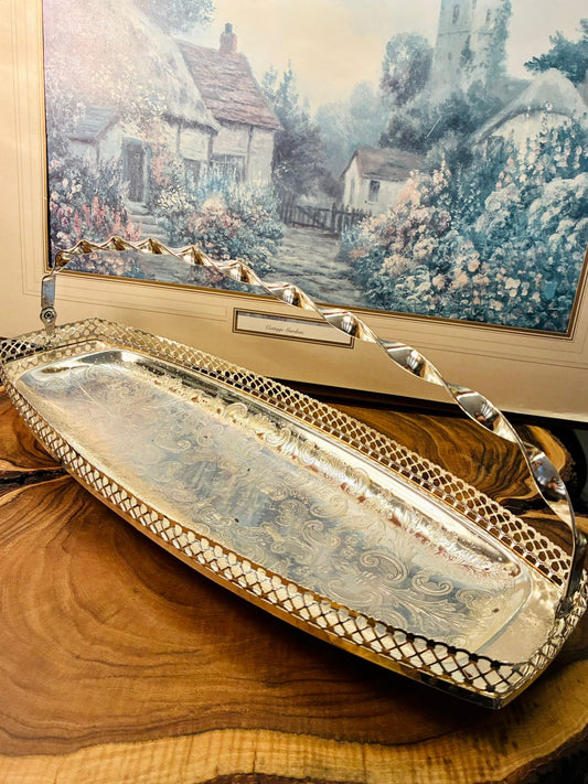 Vintage Silver Tone Gallery Tray with Handle Decorative Accent