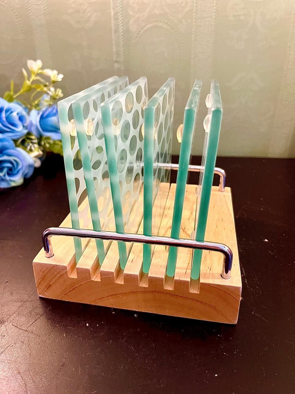 Modern Glass Coaster Set with Wooden Holder – 6 Piece