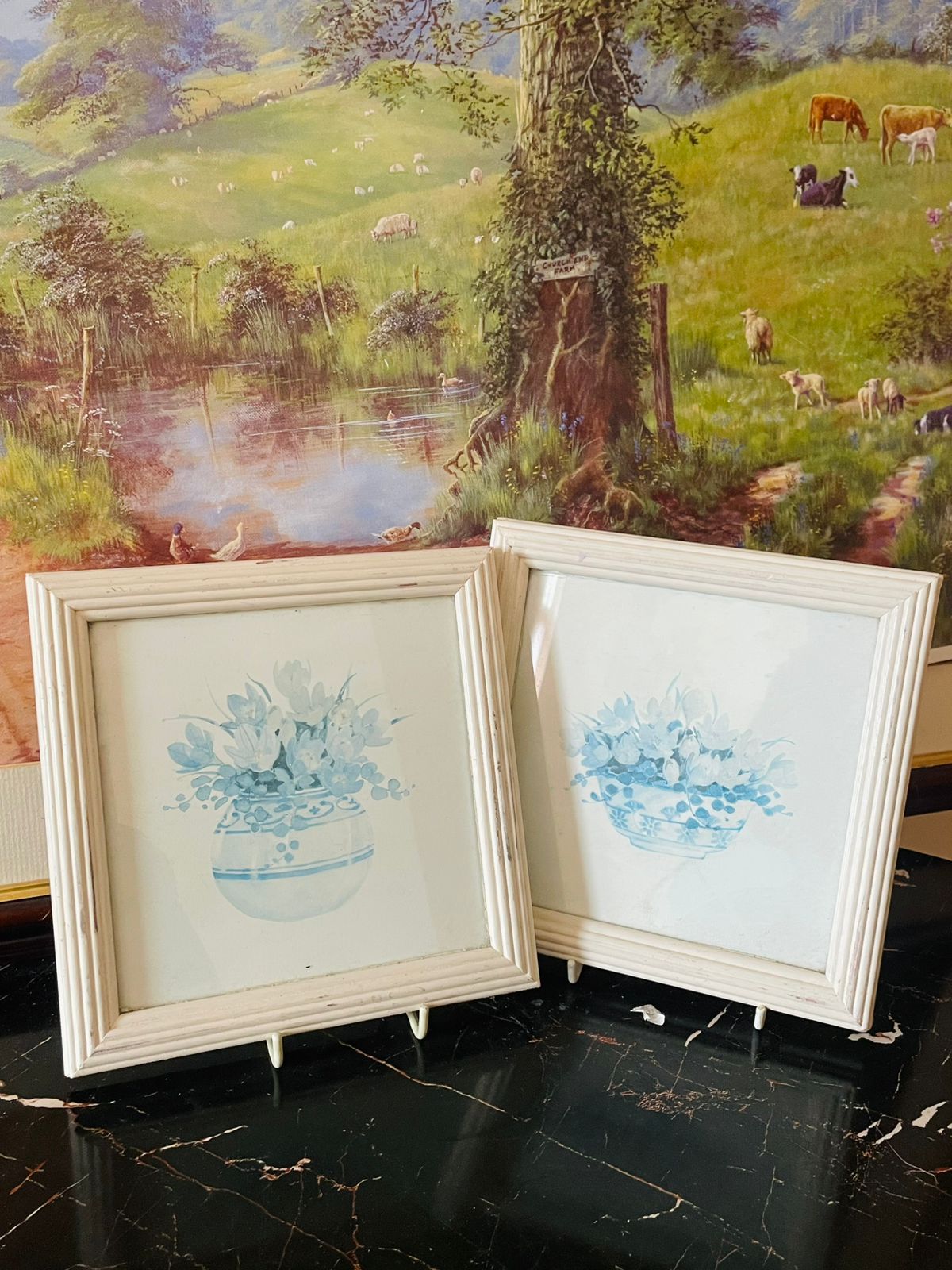 vintage wall frames set, blue floral art frames, england country decor, cottagecore wall decor, european thrift home finds, pastel flower wall art, framed vintage prints, rare thrift collection pakistan, sunset kitchen vintage shop, english wall decor, antique style wall art set
