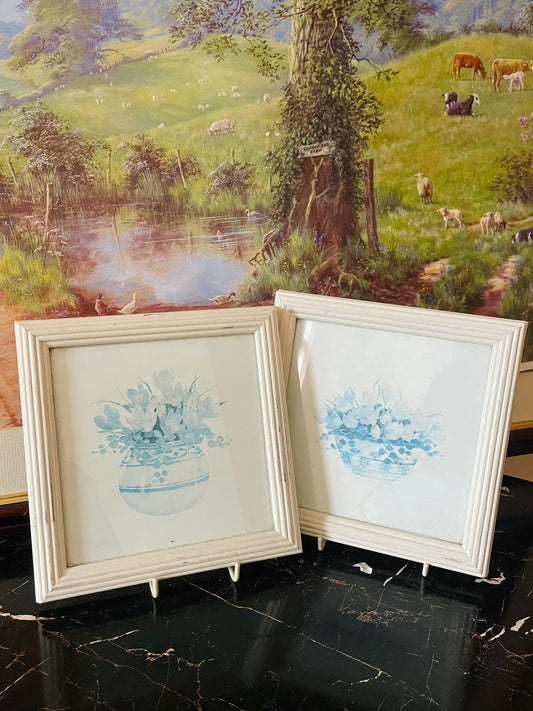 vintage wall frames set, blue floral art frames, england country decor, cottagecore wall decor, european thrift home finds, pastel flower wall art, framed vintage prints, rare thrift collection pakistan, sunset kitchen vintage shop, english wall decor, antique style wall art set