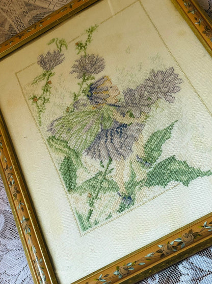 Fairy Cross-Stitch Art – Gold Framed Vintage Embroidery