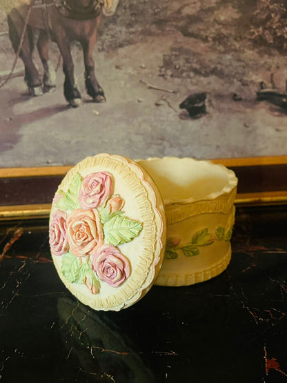 Vintage English Stoneware Trinket Box – Pastel Roses & Lace Relief Design