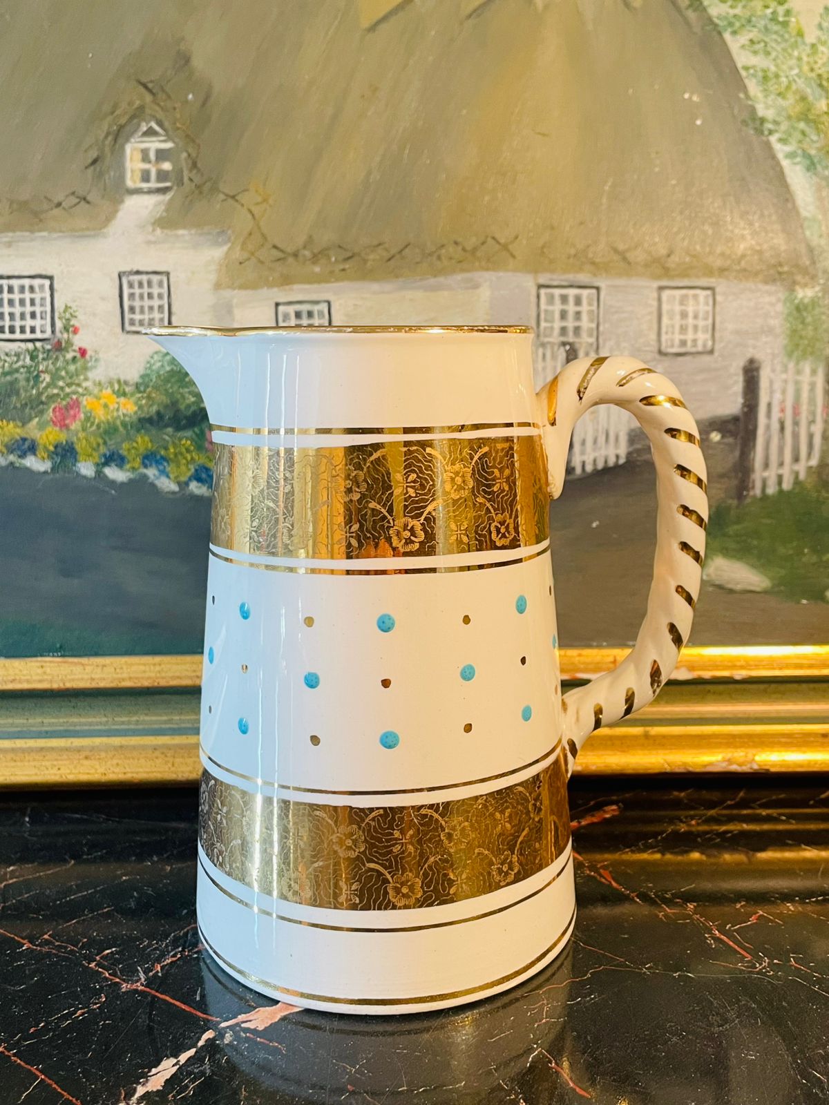 Vintage English Ceramic Jug with Gold & Turquoise Dot Design – 6 Inches Tall