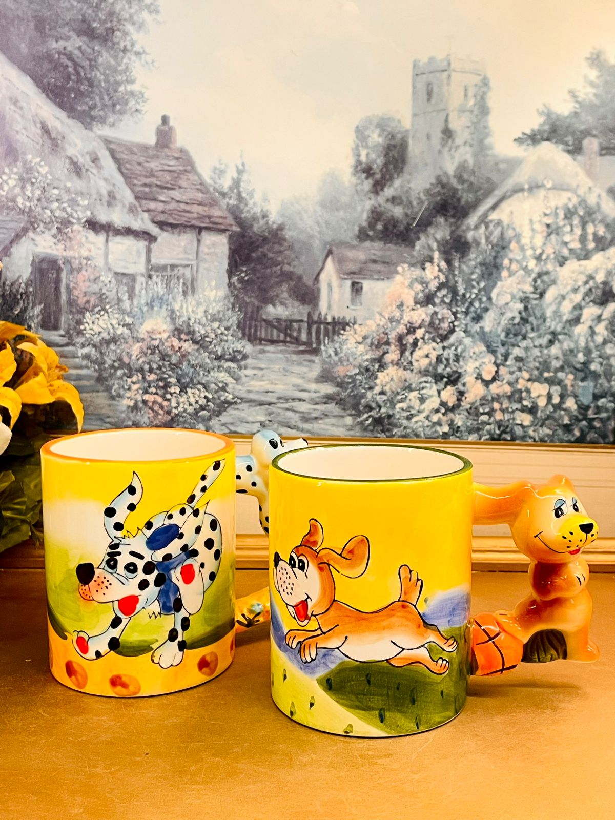 Vintage Hand-Painted Dog Handle Ceramic Mug Set