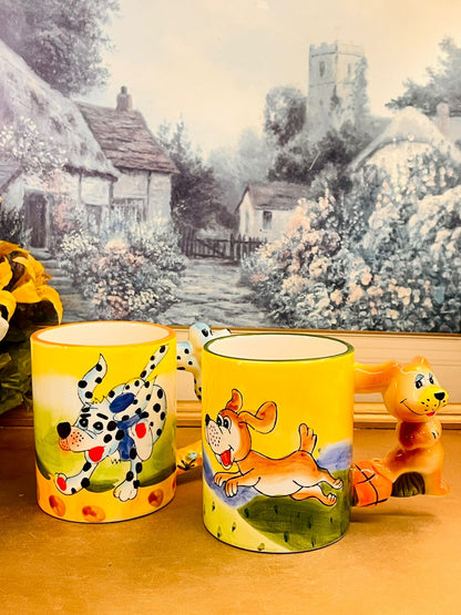 Vintage Hand-Painted Dog Handle Ceramic Mug Set