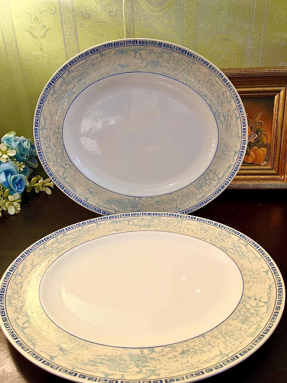 Vintage Johnson bro Blue Spongeware Oval Serving Platter – 12 Inch Ceramic Serving Dish