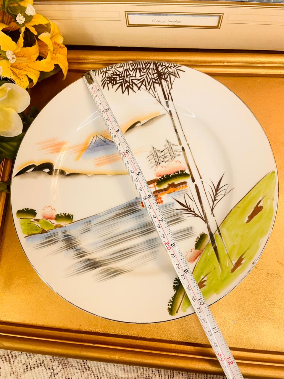 Set of 6 Vintage Japanese Landscape Cake Plate Set Hand Painted