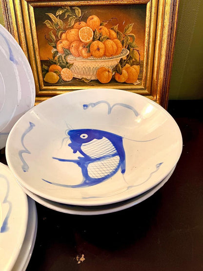 Vintage Blue Fish Porcelain , 4 medium plates ,2Pasta Bowl Set – 6 Pieces
