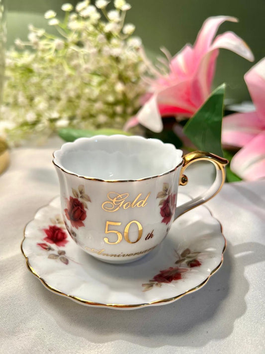 50th Anniversary Floral Coffee Cup & Saucer with Gold Detail