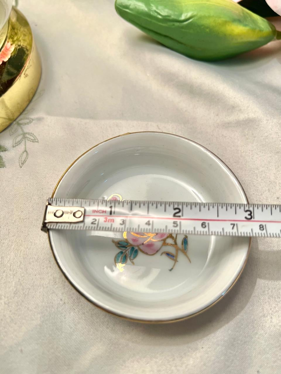 Vintage Floral Trinket Dish Gold Trim Made in China 8 cm