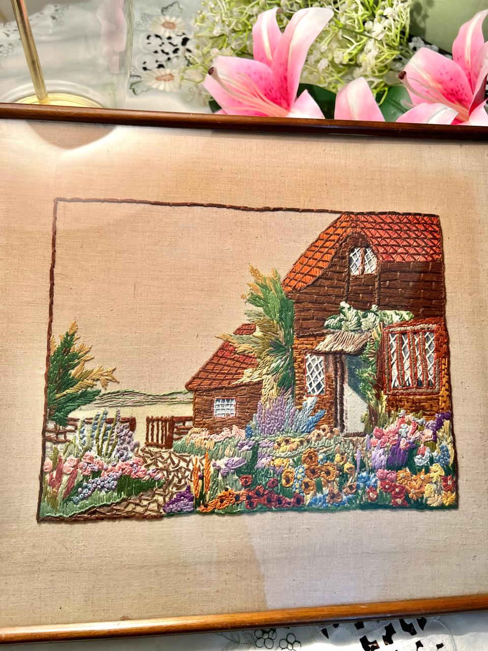 Large Needlework embroidered cottage garden frame 16 in