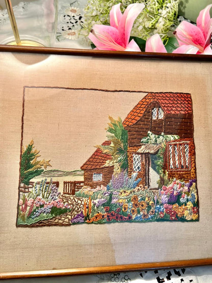 Large Needlework embroidered cottage garden frame 16 in