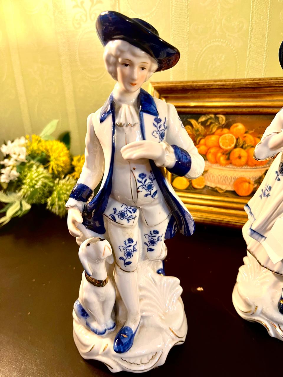 Vintage Blue & White Porcelain Figurine Pair with Dogs – 10 Inch