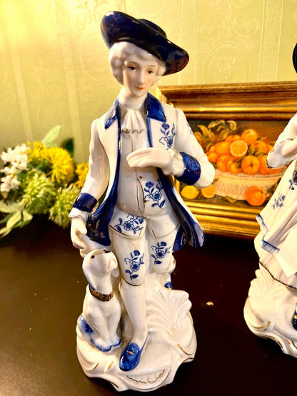 Vintage Blue & White Porcelain Figurine Pair with Dogs – 10 Inch