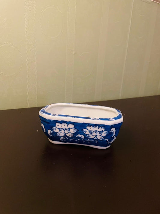 Blue White Floral Ceramic Planter Trough 5 Inch