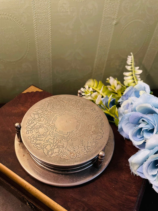 Vintage Silver Plated Coaster Set with Holder 4 Inch