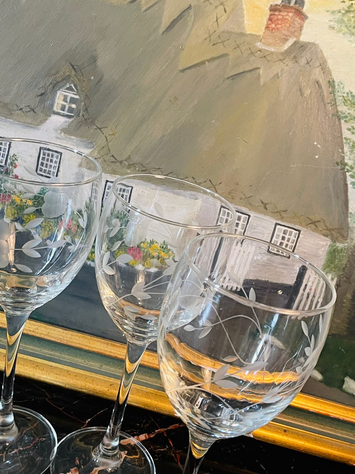 Set of 4 Vintage Etched crystal Glasses – Frosted Floral & Leaf Design